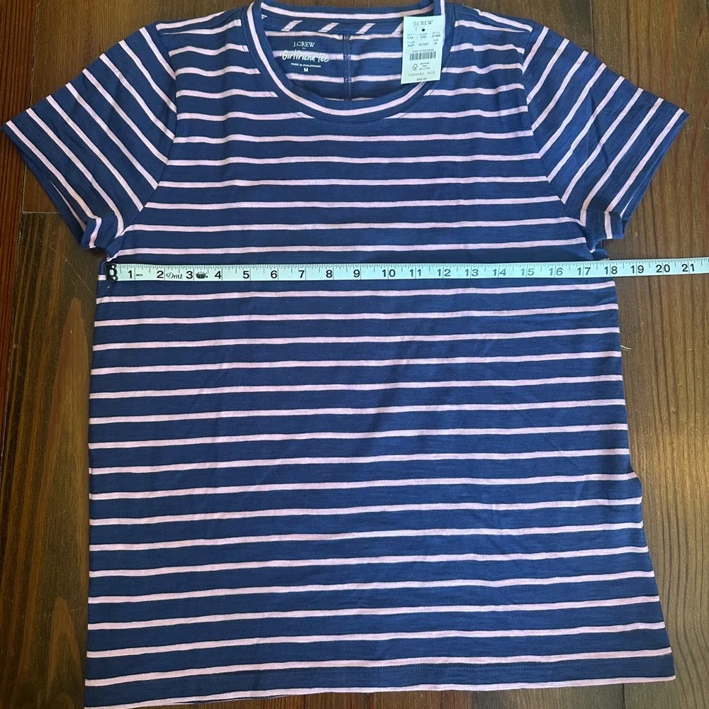 NWT J Crew Girlfriend Tee - Navy Pink Stripe 100% Cotton - Picture 1 of 5